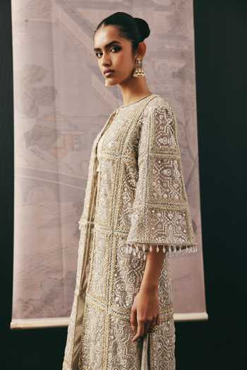 Twenty Nine_Beige Net Beads, Mirrors Round Neck Multi Panel Jacket _at_Aza_Fashions