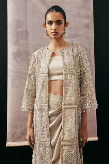 Buy_Twenty Nine_Beige Net Beads, Mirrors Round Neck Multi Panel Jacket 