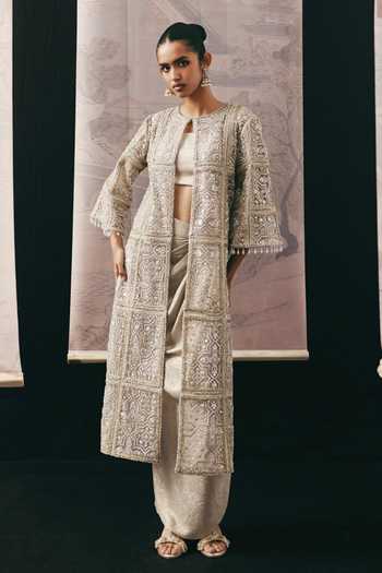 Buy_Twenty Nine_Beige Net Beads, Mirrors Round Neck Multi Panel Jacket _at_Aza_Fashions