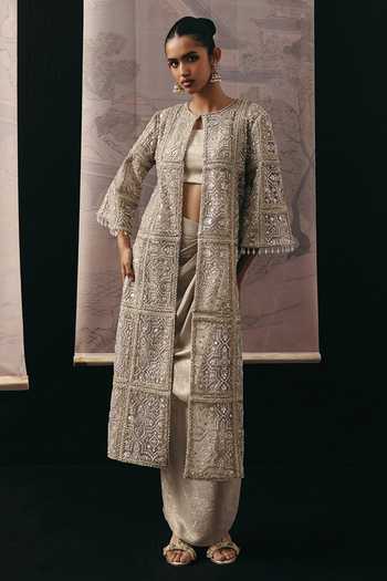 Buy_Twenty Nine_Silver Lycra Shimmer Skirt _Online_at_Aza_Fashions