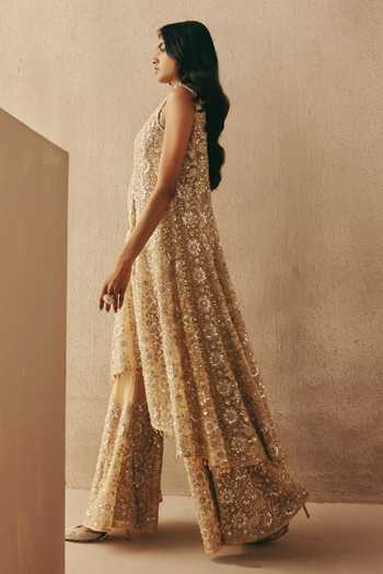 Twenty Nine_Gold Net Beads, Mirrors V-neck Floral Asymmetric Jacket _Online_at_Aza_Fashions