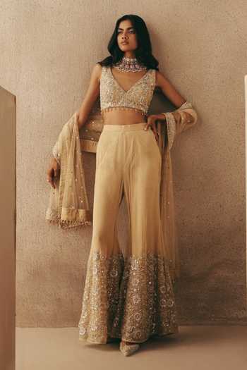 Buy_Twenty Nine_Gold Net Beads, Mirrors V-neck Floral Asymmetric Jacket _Online_at_Aza_Fashions