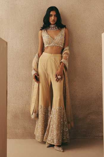 Shop_Twenty Nine_Gold Net Beads, Mirrors V-neck Floral Asymmetric Jacket _Online_at_Aza_Fashions