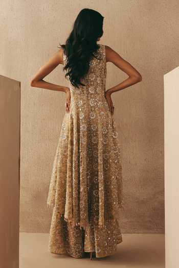 Shop_Twenty Nine_Gold Net Beads, Mirrors V-neck Floral Asymmetric Jacket _at_Aza_Fashions