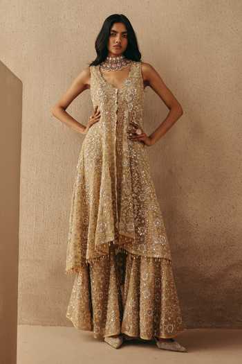 Buy_Twenty Nine_Gold Net Beads, Mirrors V-neck Floral Asymmetric Jacket _at_Aza_Fashions