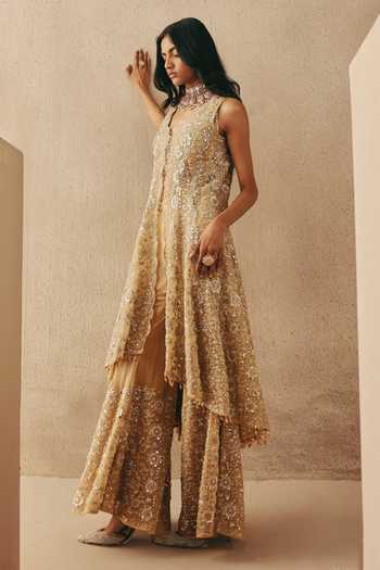 Buy_Twenty Nine_Gold Net Beads, Mirrors V-neck Floral Asymmetric Jacket 