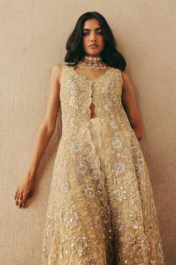 Shop_Twenty Nine_Gold Net Beads, Mirrors V-neck Floral Asymmetric Jacket 