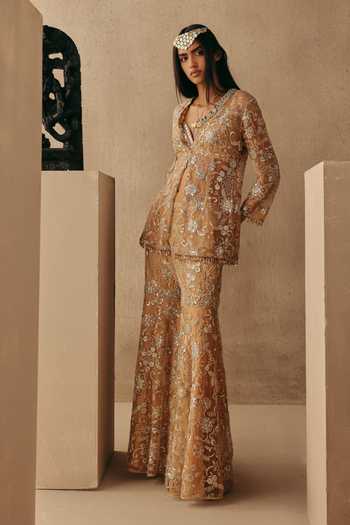 Buy_Twenty Nine_Peach Net Sequins, Beads, Mirrors Beadwork Blazer _Online_at_Aza_Fashions