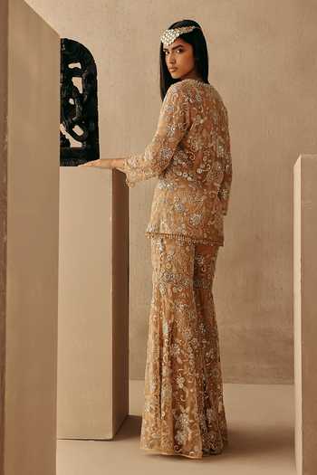 Shop_Twenty Nine_Peach Net Sequins, Beads, Mirrors Beadwork Blazer _at_Aza_Fashions