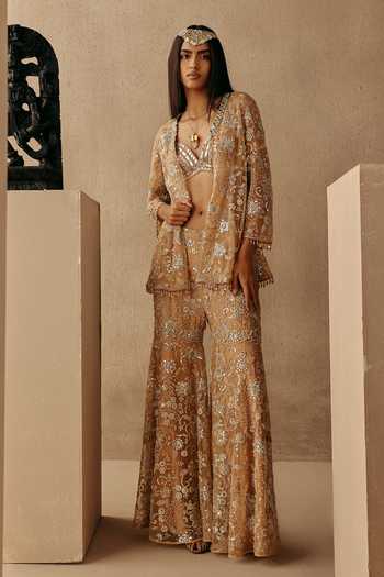 Shop_Twenty Nine_Peach Net Sequins, Beads, Mirrors Beadwork Blazer _Online_at_Aza_Fashions