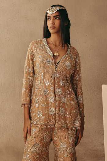 Buy_Twenty Nine_Peach Net Sequins, Beads, Mirrors Beadwork Blazer _at_Aza_Fashions