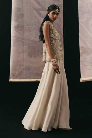 Twenty Nine_Beige Net Embroidery, Sequins, Beads, Mirrors V-neck Beadwork Jacket _Online_at_Aza_Fashions