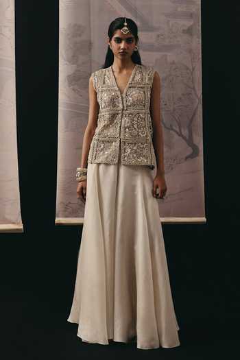 Buy_Twenty Nine_Beige Net Embroidery, Sequins, Beads, Mirrors V-neck Beadwork Jacket _Online_at_Aza_Fashions