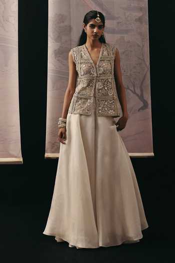Shop_Twenty Nine_Beige Net Embroidery, Sequins, Beads, Mirrors V-neck Beadwork Jacket _Online_at_Aza_Fashions