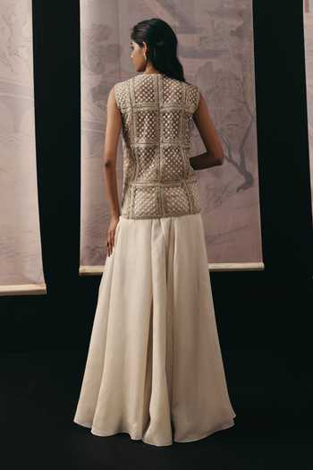 Shop_Twenty Nine_Beige Net Embroidery, Sequins, Beads, Mirrors V-neck Beadwork Jacket _at_Aza_Fashions