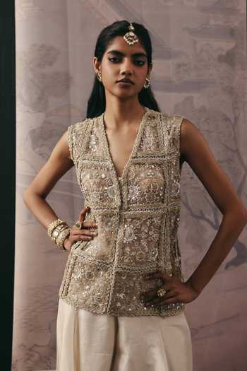 Buy_Twenty Nine_Beige Net Embroidery, Sequins, Beads, Mirrors V-neck Beadwork Jacket _at_Aza_Fashions