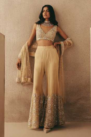 Buy_Twenty Nine_Gold Net Beads, Mirrors Dupatta _at_Aza_Fashions