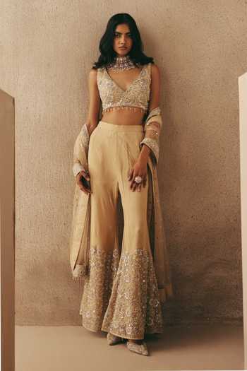 Shop_Twenty Nine_Gold Net Beads, Mirrors Dupatta _at_Aza_Fashions