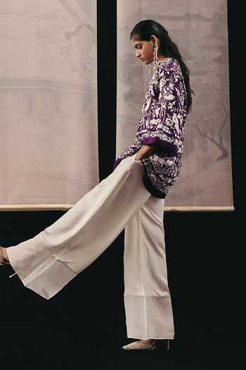 Twenty Nine_Purple Silk, Crepe Embroidery Split V-neck Top _Online_at_Aza_Fashions