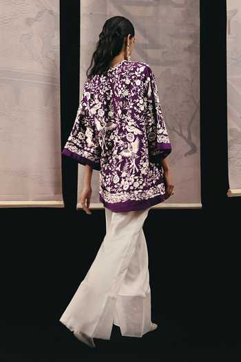 Shop_Twenty Nine_Purple Silk, Crepe Embroidery Split V-neck Top _at_Aza_Fashions
