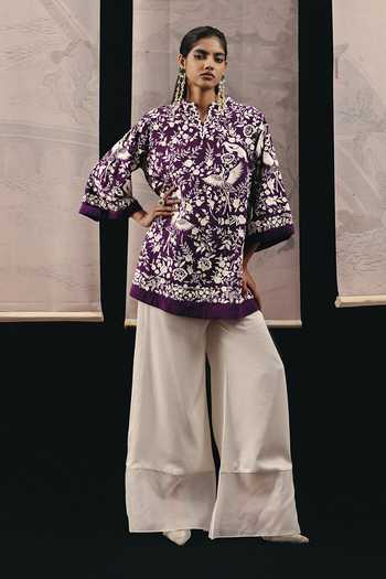 Buy_Twenty Nine_Purple Silk, Crepe Embroidery Split V-neck Top _Online_at_Aza_Fashions