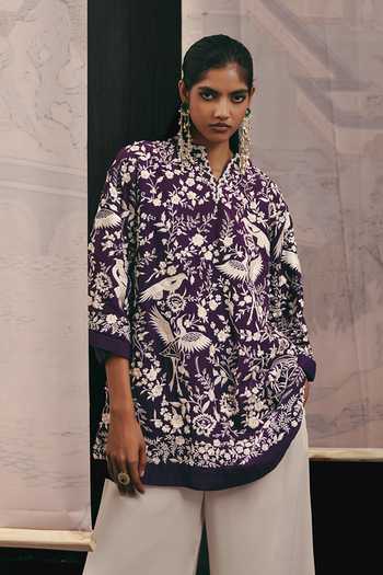 Buy_Twenty Nine_Purple Silk, Crepe Embroidery Split V-neck Top _at_Aza_Fashions