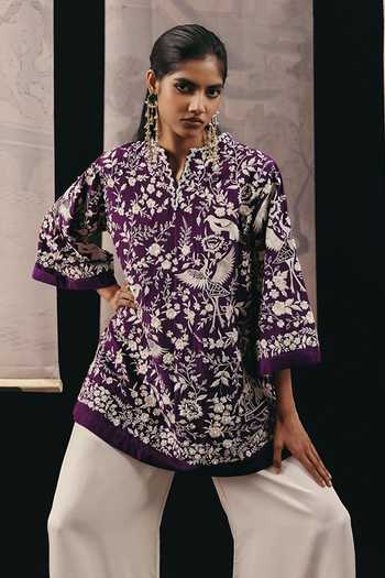 Twenty Nine_Purple Silk, Crepe Embroidery Split V-neck Top _at_Aza_Fashions
