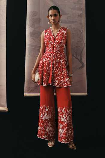 Twenty Nine_Red Silk, Crepe Beads V-neck Parsi Gara Embroidered Top _Online_at_Aza_Fashions