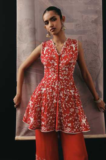 Buy_Twenty Nine_Red Silk, Crepe Beads V-neck Parsi Gara Embroidered Top _at_Aza_Fashions