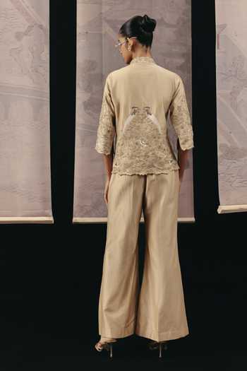 Shop_Twenty Nine_Gold Chanderi Silk Zari, Embroidery Parsi Gaara Work Blazer _at_Aza_Fashions