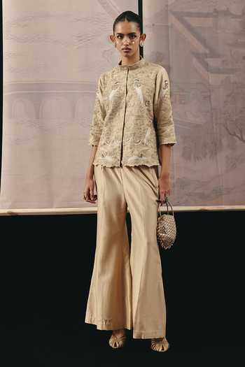 Twenty Nine_Gold Chanderi Silk Zari, Embroidery Parsi Gaara Work Blazer _Online_at_Aza_Fashions