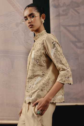 Buy_Twenty Nine_Gold Chanderi Silk Zari, Embroidery Parsi Gaara Work Blazer _Online_at_Aza_Fashions