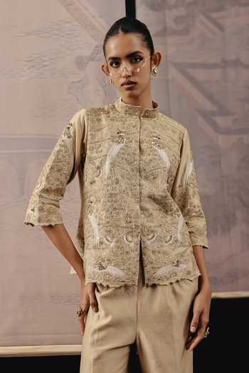 Buy_Twenty Nine_Gold Chanderi Silk Zari, Embroidery Parsi Gaara Work Blazer _at_Aza_Fashions