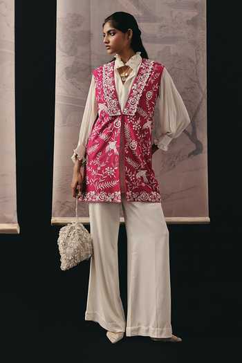 Twenty Nine_Pink Silk, Crepe Embroidery, Beads V-neck Gilet Jacket _Online_at_Aza_Fashions