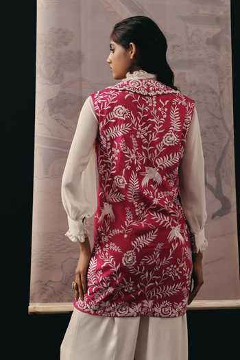 Shop_Twenty Nine_Pink Silk, Crepe Embroidery, Beads V-neck Gilet Jacket _at_Aza_Fashions
