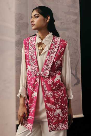 Buy_Twenty Nine_Pink Silk, Crepe Embroidery, Beads V-neck Gilet Jacket _Online_at_Aza_Fashions
