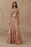 Buy_Twenty Nine_Rust Net Mirrors, Tassels V-neck Mirrorwork Jacket And Lehenga Set _at_Aza_Fashions