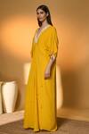 Masaba_Yellow Silk, Crepe Tassels, Lace V-neck The Sunrise Sorbet Kaftan _Online_at_Aza_Fashions