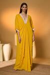 Buy_Masaba_Yellow Silk, Crepe Tassels, Lace V-neck The Sunrise Sorbet Kaftan _Online_at_Aza_Fashions