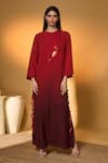 Shop_Masaba_Red Silk, Crepe Embroidery, Tassels Round Neck Scarletwing Flock Kaftan _Online_at_Aza_Fashions