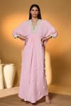 Buy_Masaba_Pink Silk, Crepe Embroidery, Tassels V-neck Blush Breeze Kaftan _at_Aza_Fashions