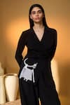 Masaba_Black Silk, Crepe V-neck Pasture Of Dreams Kurta And Pant Set _Online_at_Aza_Fashions