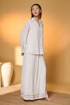 Shop_Masaba_Ivory Silk, Crepe Embroidery Split V-neck Table For One Top With Overlapped Pant 