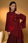 Masaba_Maroon Silk, Crepe, Cotton, Linen Lunar Lagoon Asymmetrical Top With Skirt _Online_at_Aza_Fashions