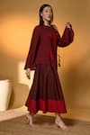 Masaba_Maroon Silk, Crepe, Cotton, Linen Lunar Lagoon Asymmetrical Top With Skirt _at_Aza_Fashions