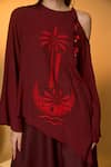 Buy_Masaba_Maroon Silk, Crepe, Cotton, Linen Lunar Lagoon Asymmetrical Top With Skirt 