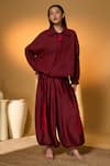 Masaba_Maroon Cotton, Chanderi Collared Pine Code Jacket And Pant Set _Online_at_Aza_Fashions