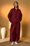Buy_Masaba_Maroon Cotton, Chanderi Collared Pine Code Jacket And Pant Set _at_Aza_Fashions