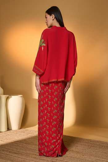 Shop_Masaba_Red Silk, Crepe Embroidery V-neck Tropical Print Shirt And Skirt Set _at_Aza_Fashions