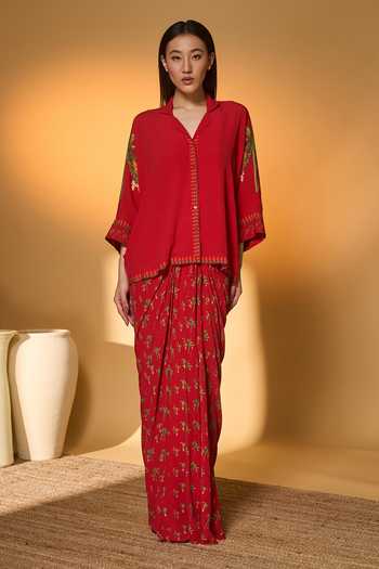 Masaba_Red Silk, Crepe Embroidery V-neck Tropical Print Shirt And Skirt Set _Online_at_Aza_Fashions